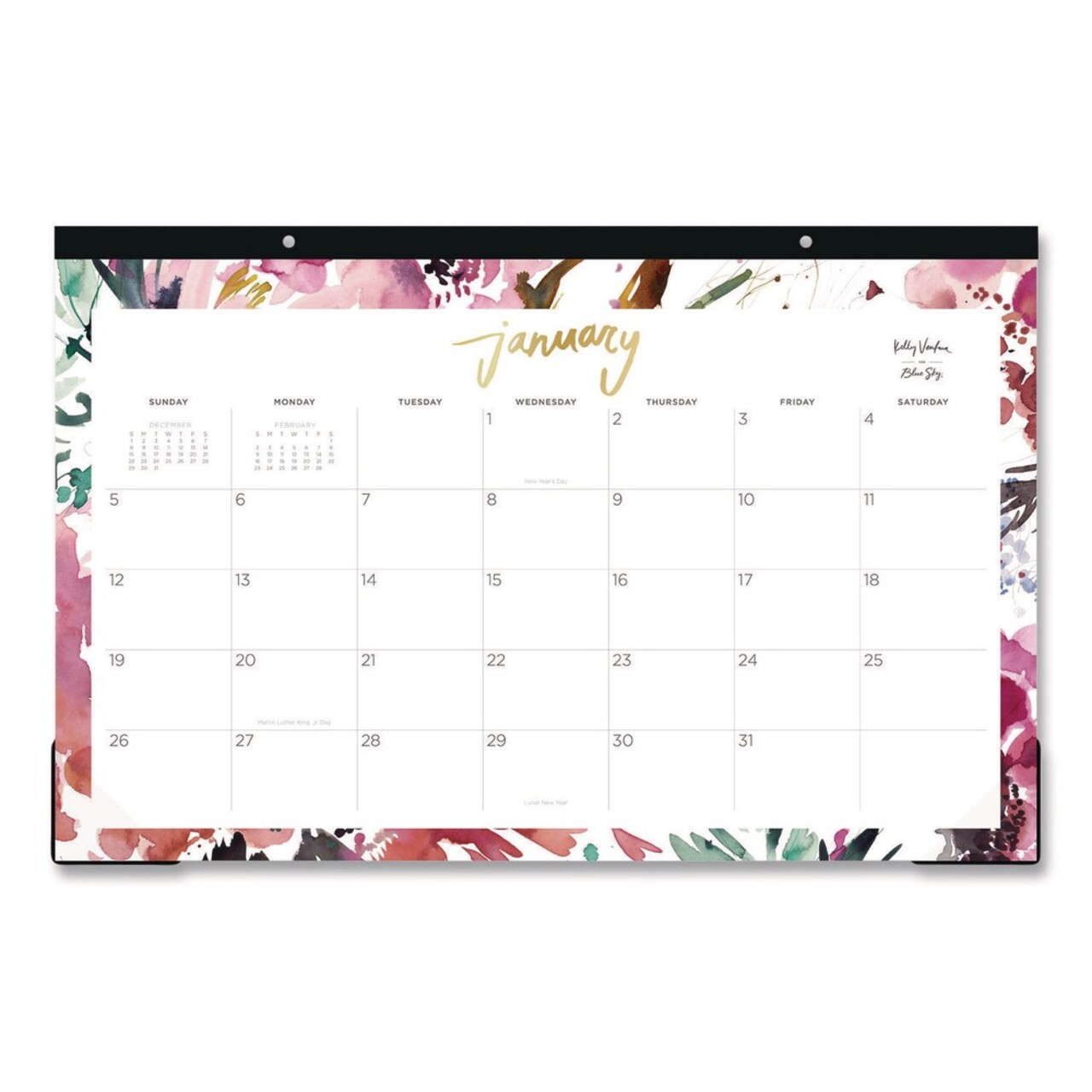 Blue Sky 17 in. x 11 in. 12-Month (Jan to Dec): 2026 Kelly Ventura Magenta Bloom Desk Pad Calendar - Floral Artwork, White/Multicolor Sheets